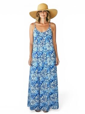 NWT Fitzroy & Willa "Christina" Blue Floral Halter Maxi Dress - Size Large